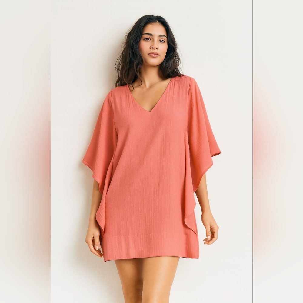 NWT ABBEY‎ GLASS JOJO DRESS Mini Viscose Blend Open Sleeve VNeck Textured SMALL